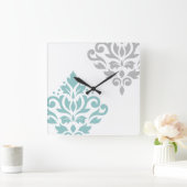 スクロールダマスクアートIティール(緑がかった色)&グレー(白) スクエア壁時計 (ホーム)