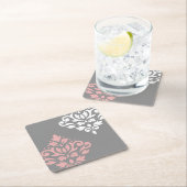 スクロールダマスクアートIピンク白グレー スクエアペーパーコースター (インサイチュ)