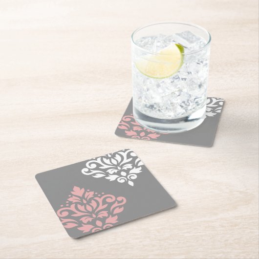 スクロールダマスクアートIピンク白グレー スクエアペーパーコースター (インサイチュ)