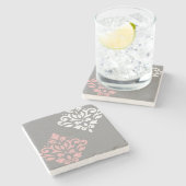 スクロールダマスクアートIピンク白グレー ストーンコースター (横)
