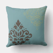 スクロールダマスクアートIブラウン金ゴールド（行）ティール（緑がかった色） クッション (裏面)