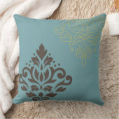 スクロールダマスクアートIブラウン金ゴールド（行）ティール（緑がかった色） クッション (ブランケット)