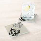 スクロールダマスクアートIブラックグレークリーム ガラスコースター (アングル)