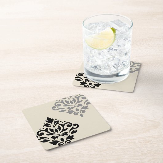 スクロールダマスクアートIブラックグレークリーム スクエアペーパーコースター (インサイチュ)