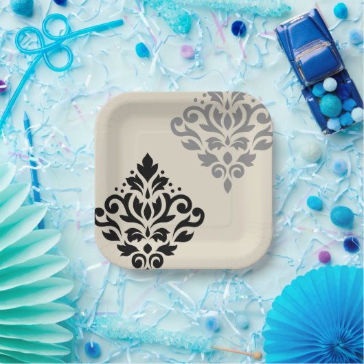 スクロールダマスクアートIブラックグレークリーム ペーパープレート (パーティー)