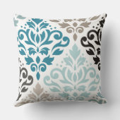 スクロールダマスクオフセットPtnアートティール(緑がかった色)ブラウンズホワイト クッション (裏面)