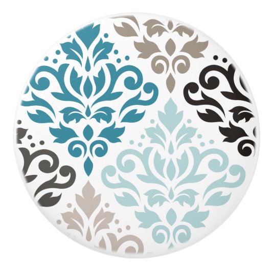 スクロールダマスクオフセットPtnアートティール（緑がかった色）ブラウンズホワイト セラミックノブ (正面)