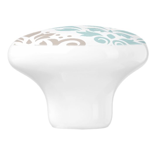 スクロールダマスクオフセットPtnアートティール(緑がかった色)ブラウンズホワイト セラミックノブ (側面)