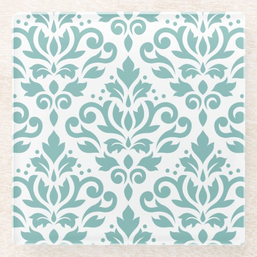 スクロールダマスクティール（緑がかった色）大パターン ガラスコースター (正面)