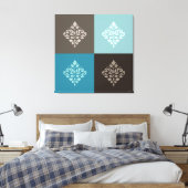 スクロールダマスクパターン正方形ティール（緑がかった色）茶色（白） キャンバスプリント (インサイチュ (寝室))