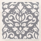 スクロールダマスク織の灰色の大きいデザインのクリーム ガラスコースター (正面)