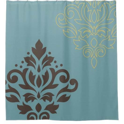 スクロールダマスク織の芸術Iブラウンの金ゴールド(ライン)のティール(緑がかった色) シャワーカーテン (正面)