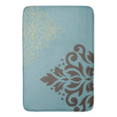 スクロールダマスク織の芸術Iブラウンの金ゴールド(ライン)のティール(緑がかった色) バスマット (正面縦)