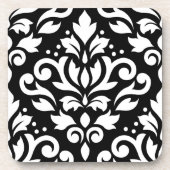 スクロールダマスク織の黒の大きいデザインの白 コースター (正面)