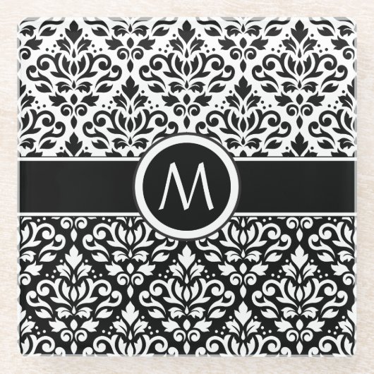 スクロールダマスク2Part Ptn BWとバンド(パーソナライズされた) ガラスコースター (正面)