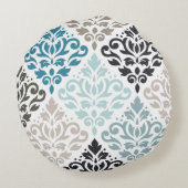 スクロールダマスクLgパターンティール(緑がかった色)ブラウンズホワイト ラウンドクッション (裏面)