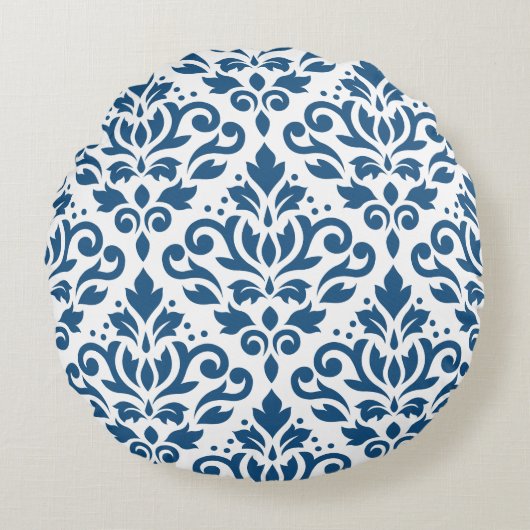 スクロールダマスクLg Ptn Dk青（白） ラウンドクッション (正面)