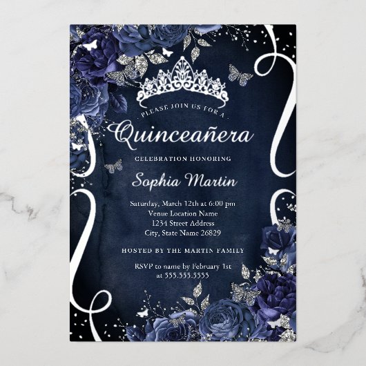 スクロールフローラバタフライエレガントネイビーキンセアニェラ 箔招待状 (正面)