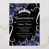 スクロールフローラバタフライブラックネイビーキンセアニェラ 箔招待状 (正面)