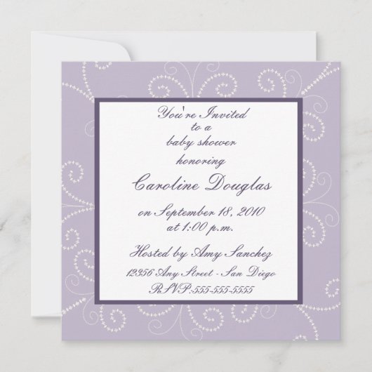 スクロールベビーシャワーの招待状(ラベンダー) 招待状 (正面)