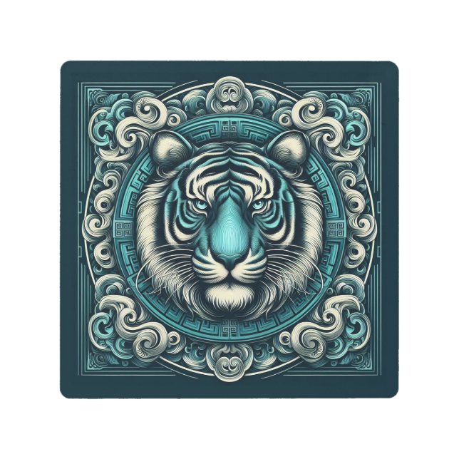 スクロールワークティール（緑がかった色）タイガー メタルプリント (正面)