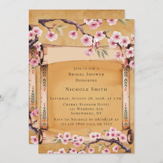 スクロール日本のさくらんぼブロッサムブライダルシャワー 招待状 (正面/裏面)