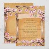 スクロール日本のさくらんぼブロッサムブランチとバブリー 招待状 (正面/裏面)