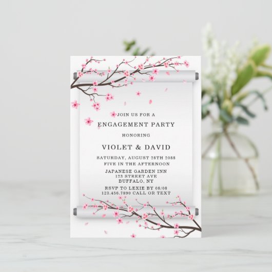 スクロール日本のさくらんぼブロッサム婚約パーティ 招待状 (スタンド正面)