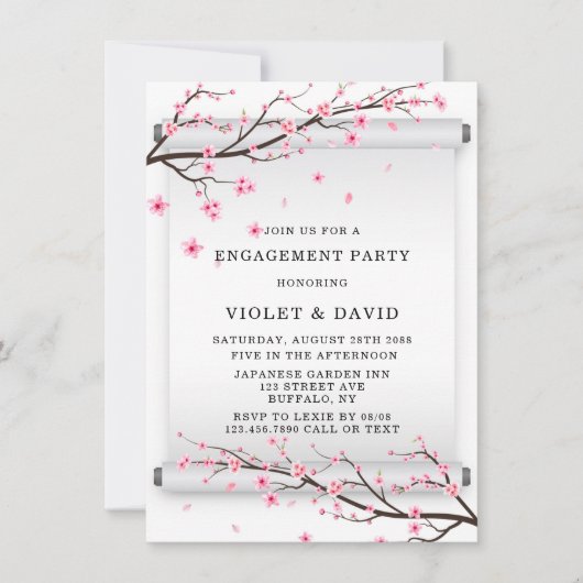 スクロール日本のさくらんぼブロッサム婚約パーティ 招待状 (正面)