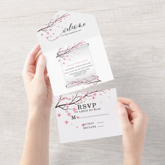 スクロール日本のさくらんぼブロッサム結婚ズ オールインワン招待状 (貼ってはがせる)