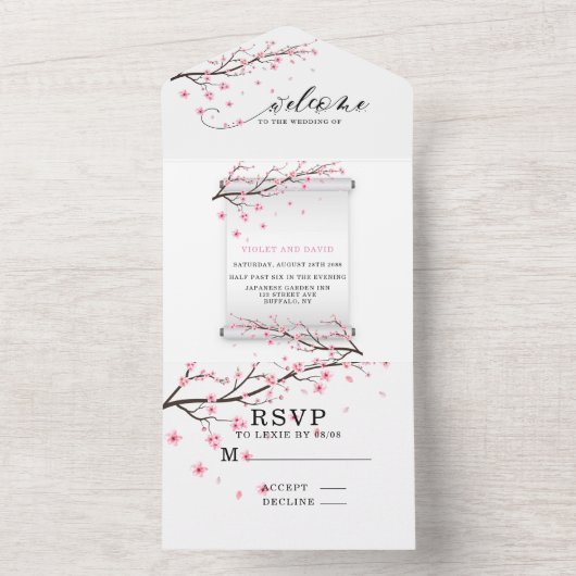 スクロール日本のさくらんぼブロッサム結婚ズ オールインワン招待状 (内側)