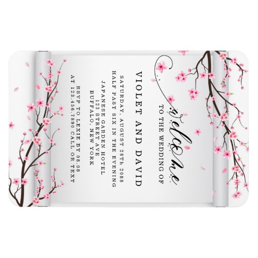 スクロール日本のさくらんぼブロッサム結婚式招待状 マグネット (横)