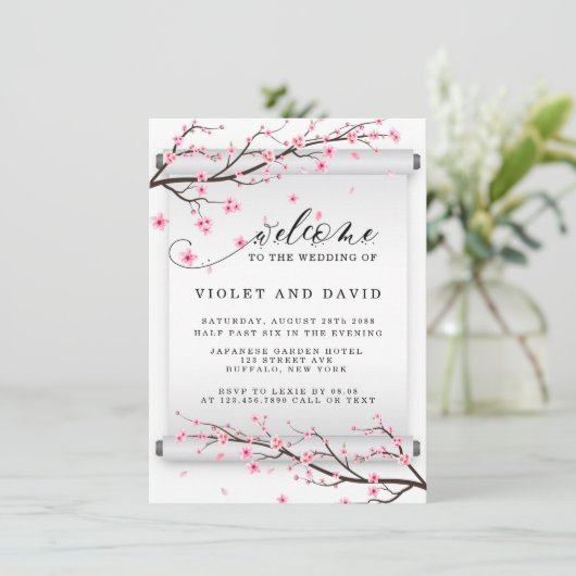 スクロール日本のさくらんぼブロッサム結婚式招待状 招待状 (スタンド正面)