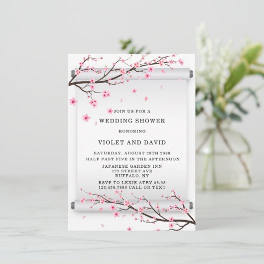 スクロール日本のさくらんぼ花の木のウェディングシャワー 招待状 (スタンド正面)