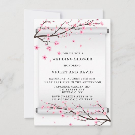 スクロール日本のさくらんぼ花の木のウェディングシャワー 招待状 (正面)