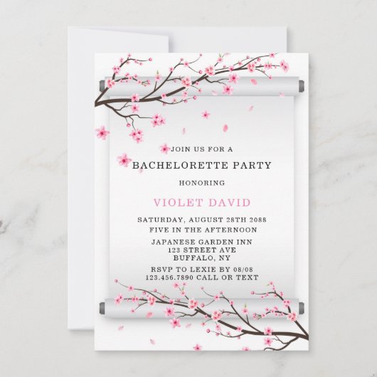 スクロール日本のさくらんぼ花バチェロレッテ 招待状 (正面)