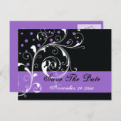 スクロール葉の黒い紫色の結婚式の日付を保存 案内ポストカード (正面/裏面)