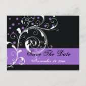 スクロール葉の黒い紫色の結婚式の日付を保存 案内ポストカード (正面)
