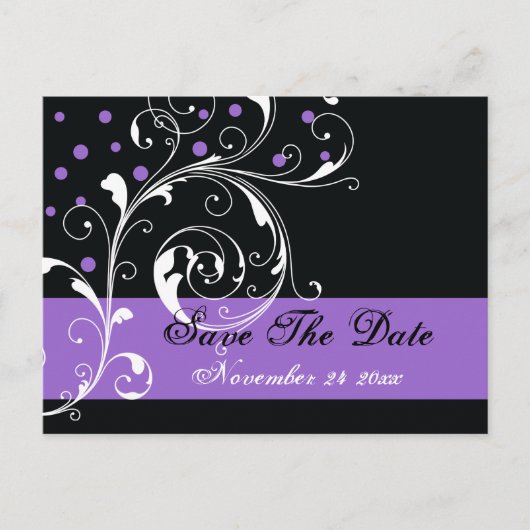 スクロール葉の黒い紫色の結婚式の日付を保存 案内ポストカード (正面)