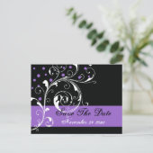 スクロール葉の黒い紫色の結婚式の日付を保存 案内ポストカード (スタンド正面)
