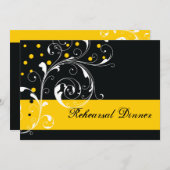 スクロール葉の黒、黄色のリハ結婚ーサルディナー 招待状 (正面/裏面)