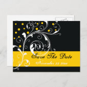 スクロール葉の黒、黄色の結婚式の日付を保存 案内ポストカード (正面/裏面)