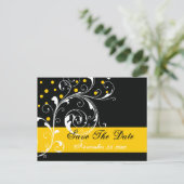 スクロール葉の黒、黄色の結婚式の日付を保存 案内ポストカード (スタンド正面)