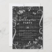 スクロール黒の暗い不気味フローラハローウィンパーティ 招待状 (正面)