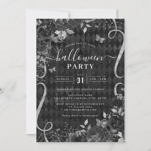 スクロール黒の暗い不気味フローラハローウィンパーティ 招待状 (正面)