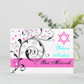 スクロール 葉 黒、白、ホットピンク & ダビデの星 招待状 (スタンド正面)