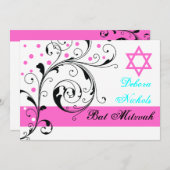 スクロール 葉 黒、白、ホットピンク & ダビデの星 招待状 (正面/裏面)