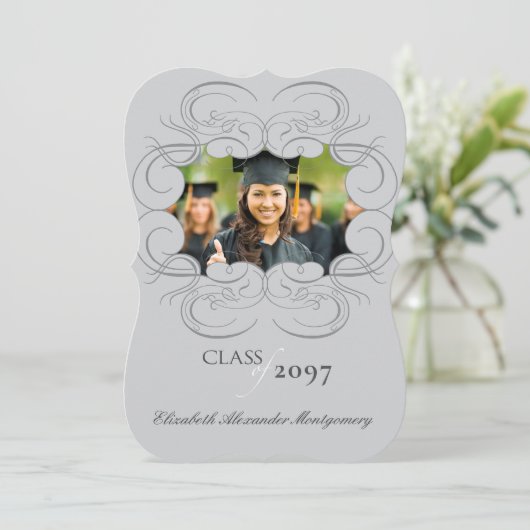スクロ芸術的ールフレーム写真シック卒業パーティー 招待状 (スタンド正面)