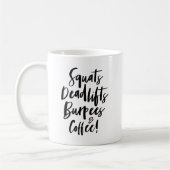 スクワット、デッドリフト、バーピース&コーヒー!黒のスクリプト コーヒーマグカップ (左)
