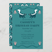 スクンクス&フラワーダークティール（緑がかった色）グリーンバースデーパーティー 招待状 (正面/裏面)